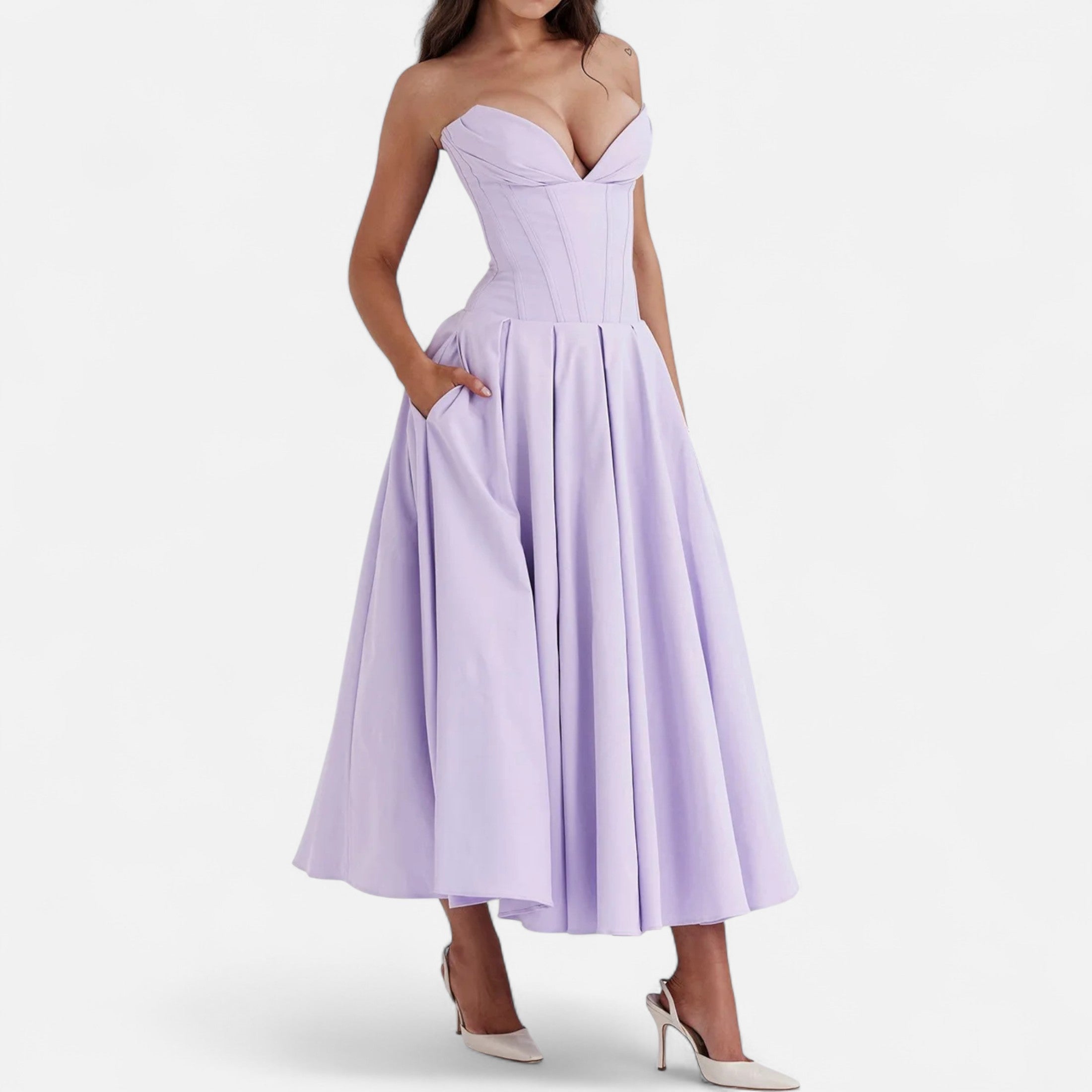 Duvrier | Women’s Corset Pleated A-Line Midi Dress