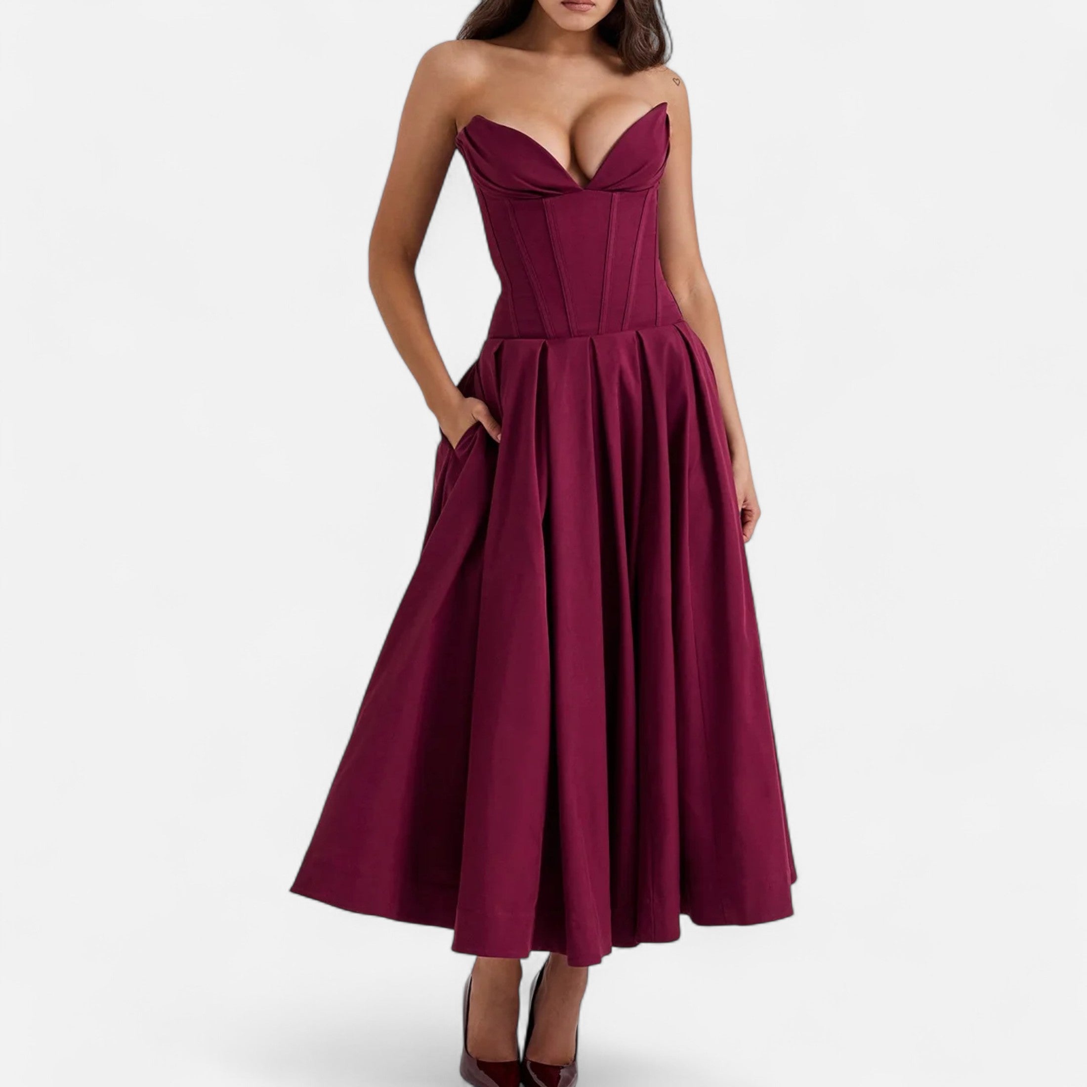 Duvrier | Women’s Corset Pleated A-Line Midi Dress