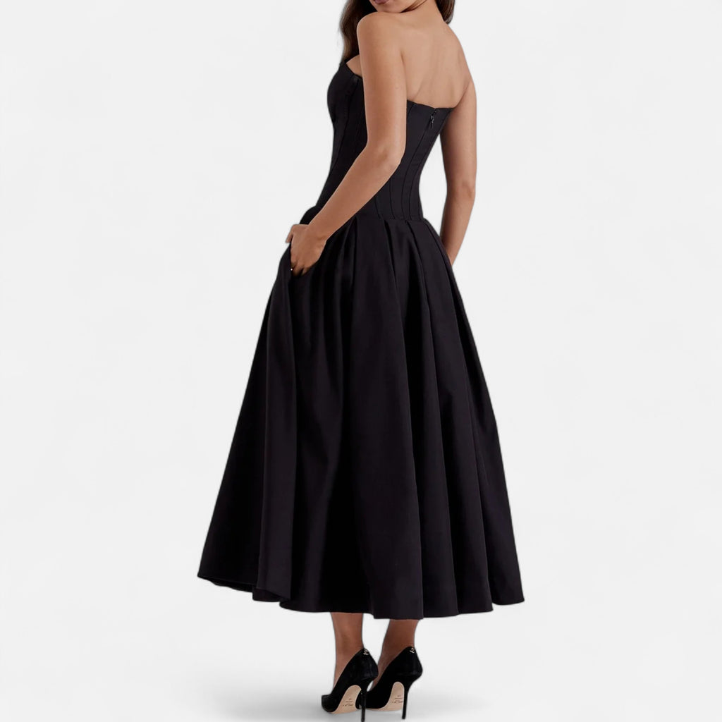 Duvrier | Women’s Corset Pleated A-Line Midi Dress