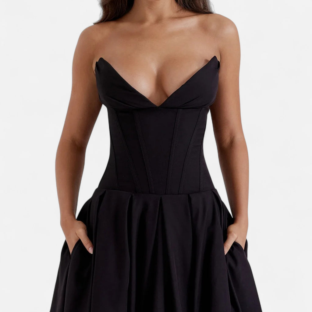 Duvrier | Women’s Corset Pleated A-Line Midi Dress