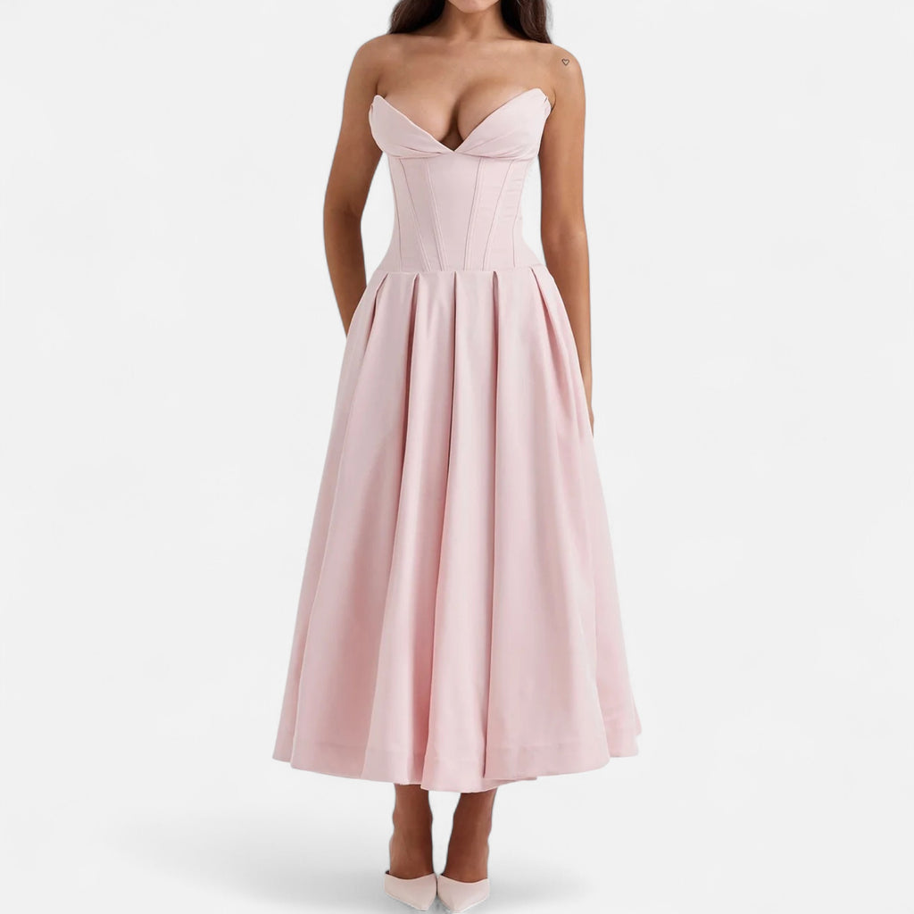 Duvrier | Women’s Corset Pleated A-Line Midi Dress