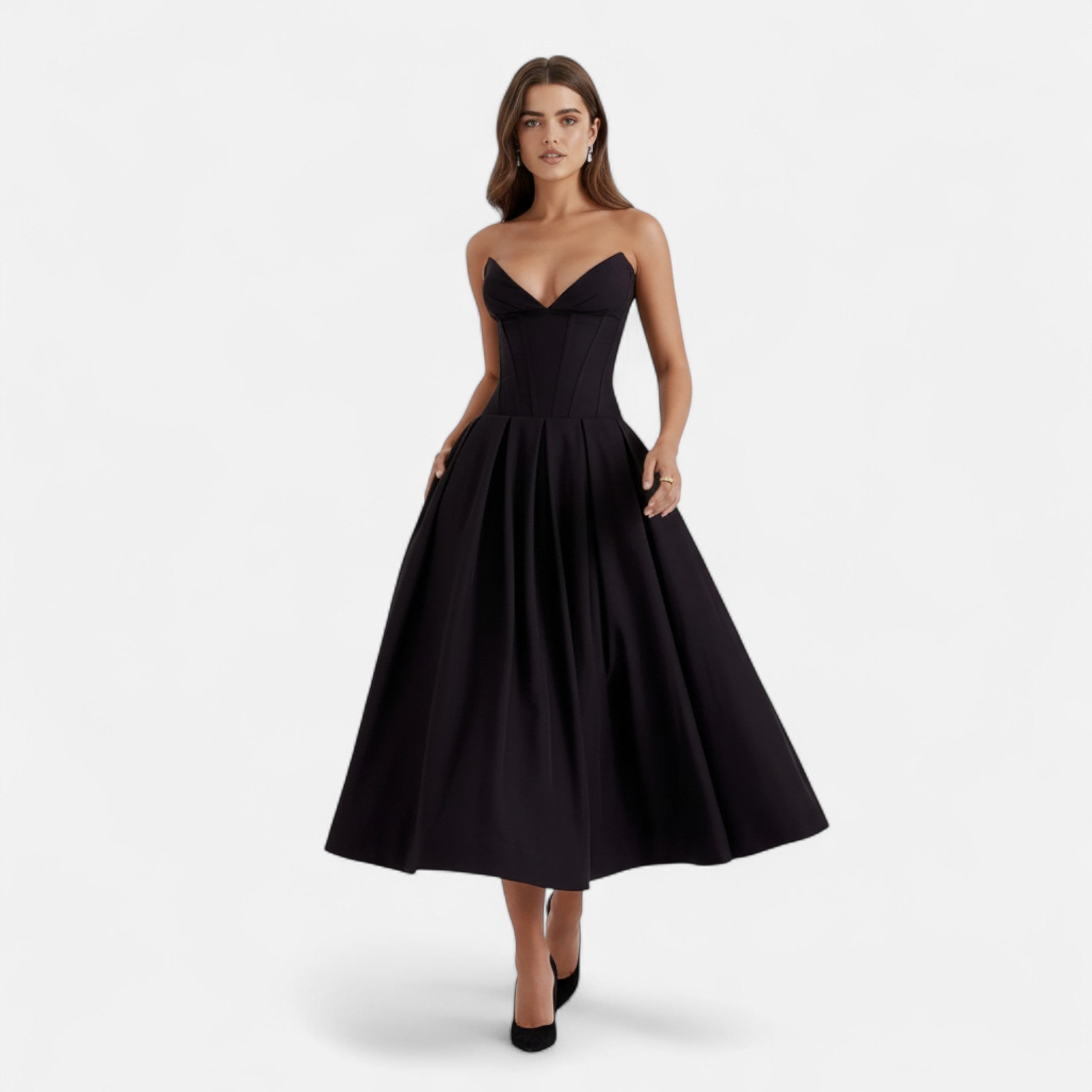 Duvrier | Women’s Corset Pleated A-Line Midi Dress