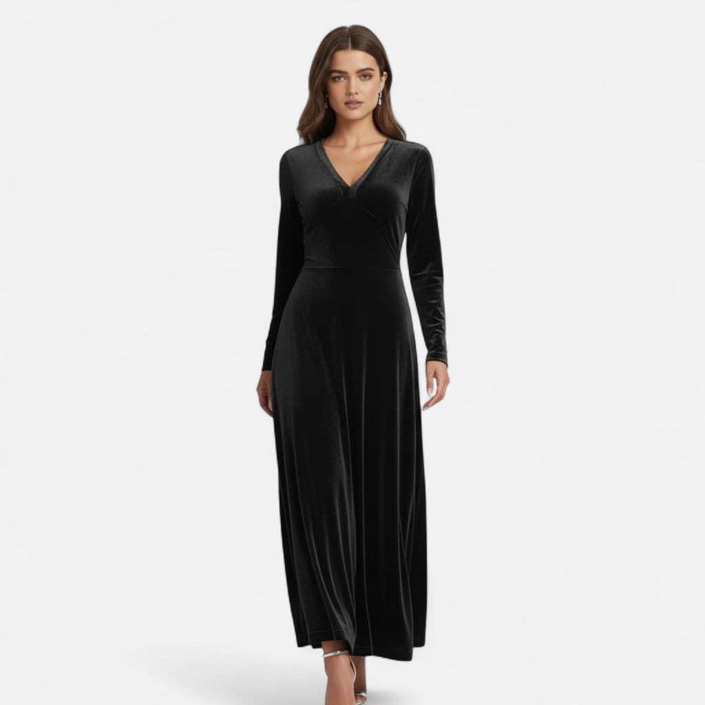 Duvrier | Women’s Velvet V-Neck Flared Maxi  Dress
