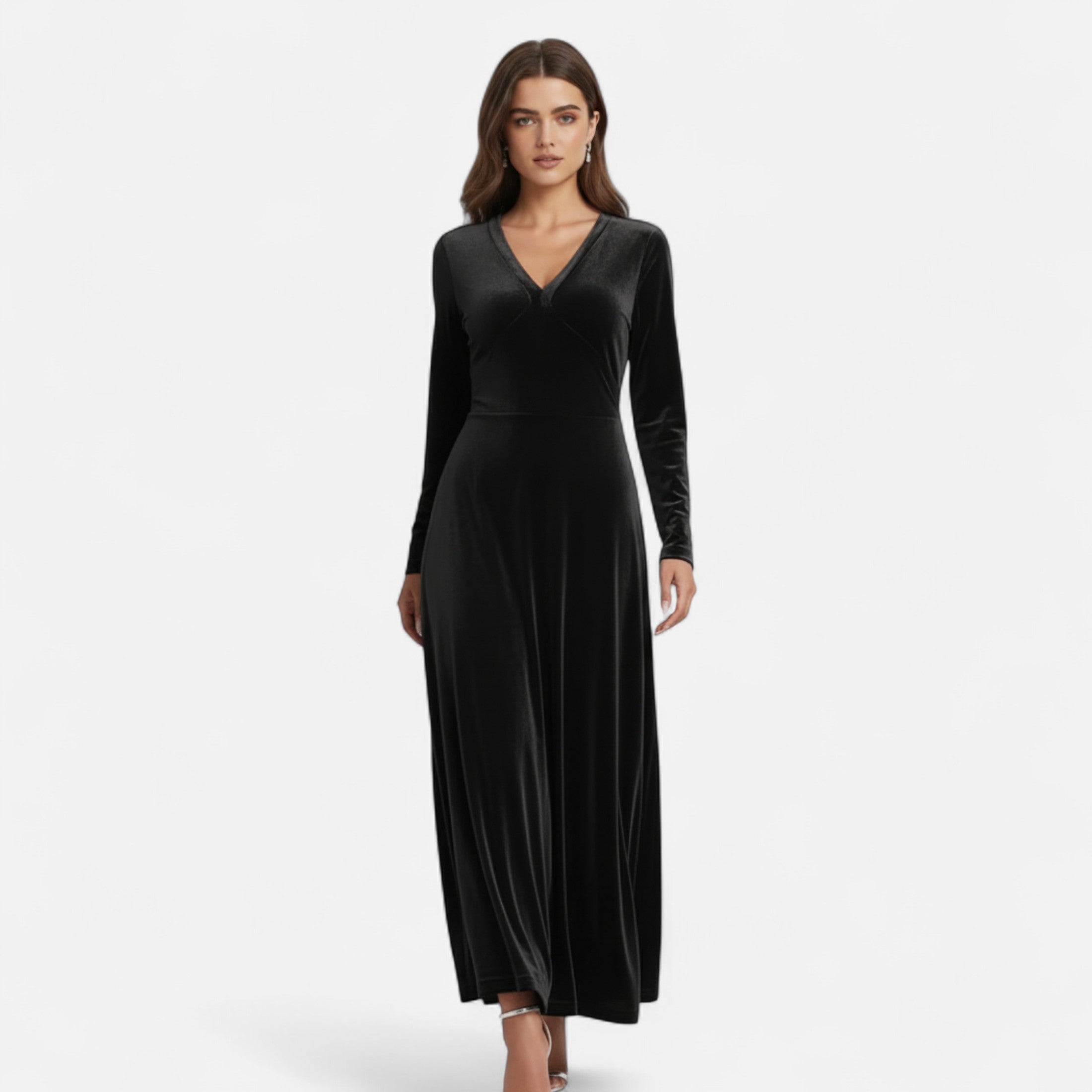 Duvrier | Women’s Velvet V-Neck Flared Maxi  Dress