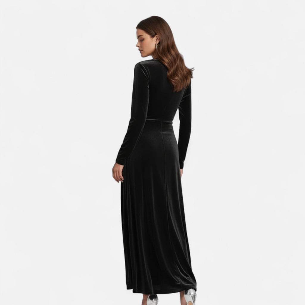 Duvrier | Women’s Velvet V-Neck Flared Maxi  Dress