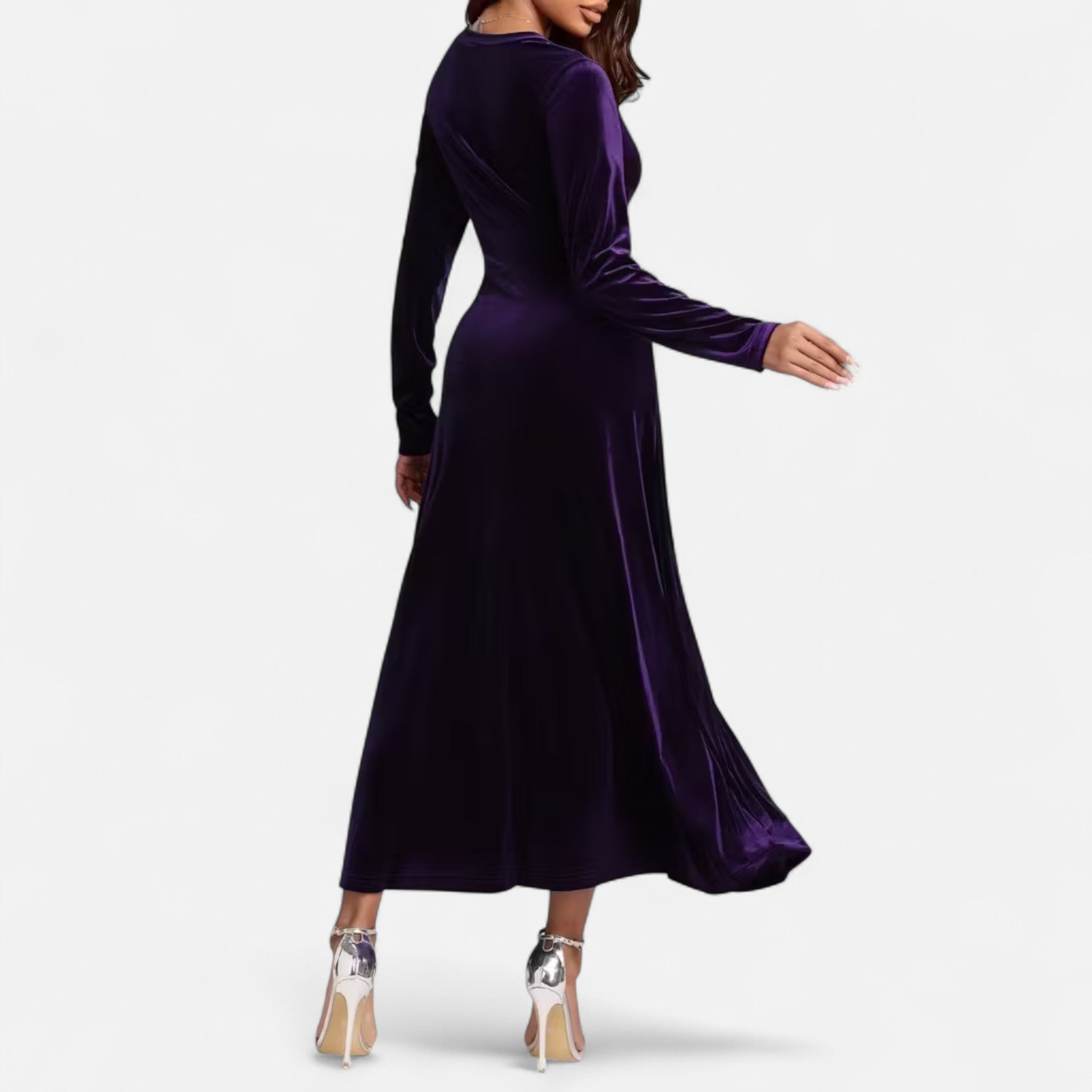 Duvrier | Women’s Velvet V-Neck Flared Maxi  Dress