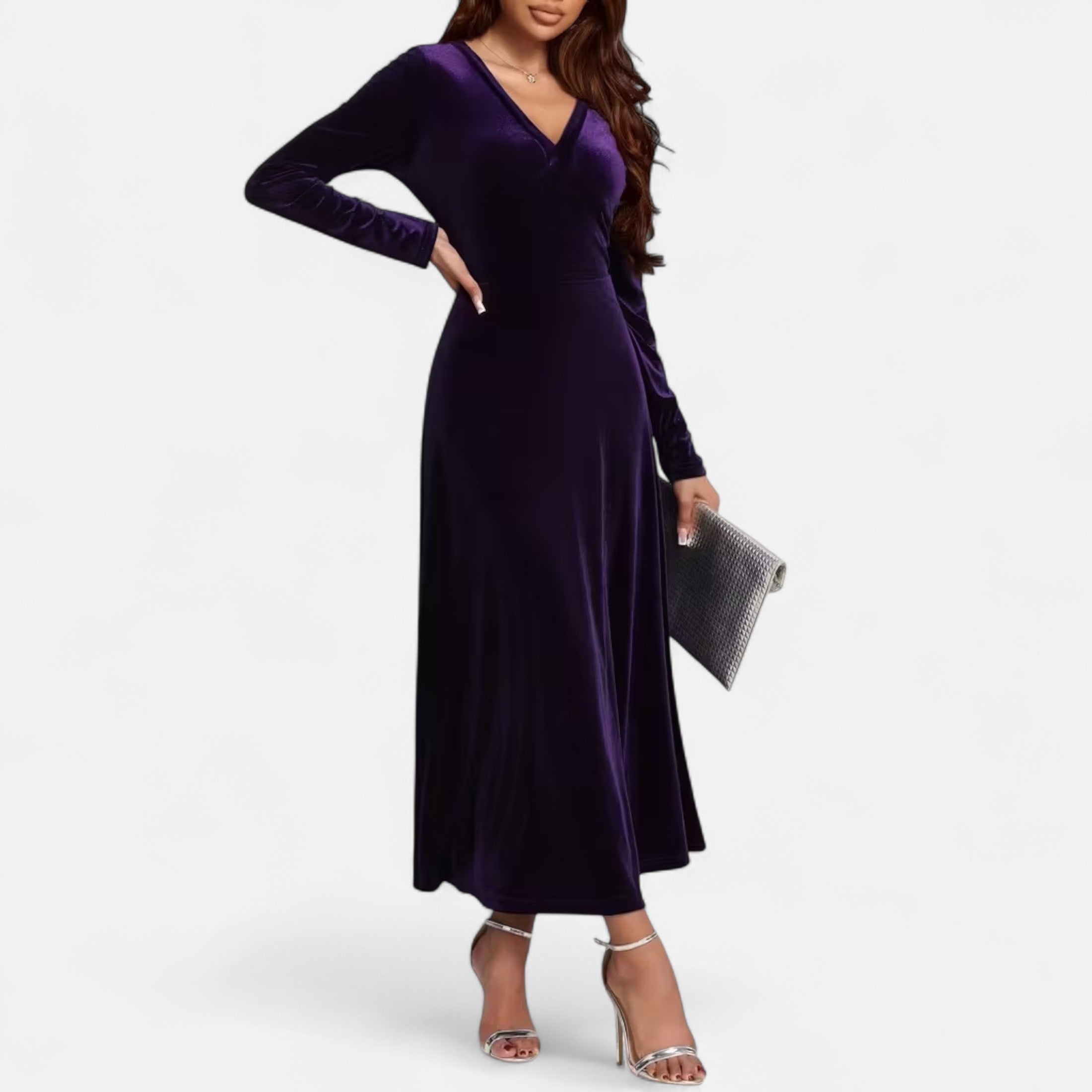 Duvrier | Women’s Velvet V-Neck Flared Maxi  Dress