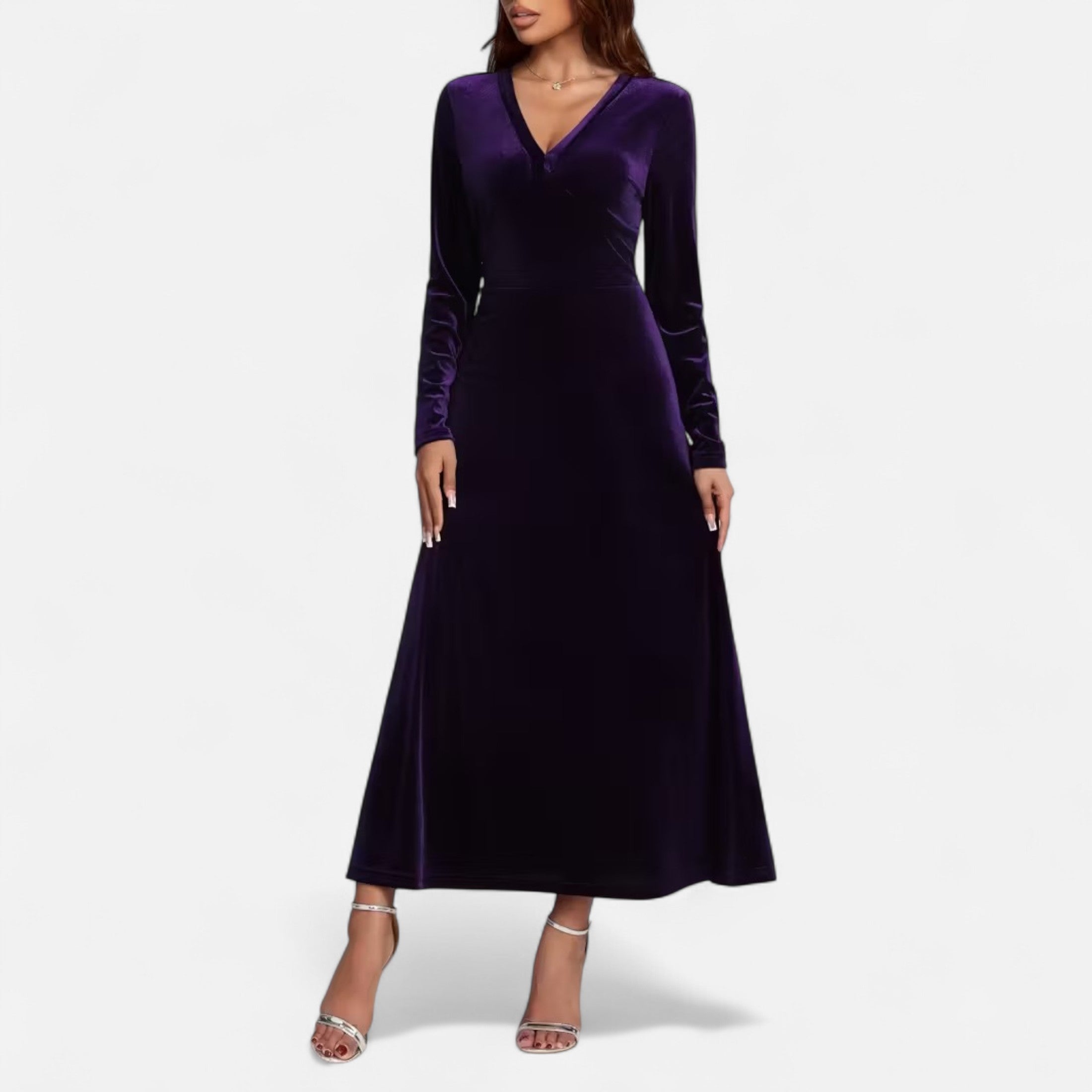 Duvrier | Women’s Velvet V-Neck Flared Maxi  Dress