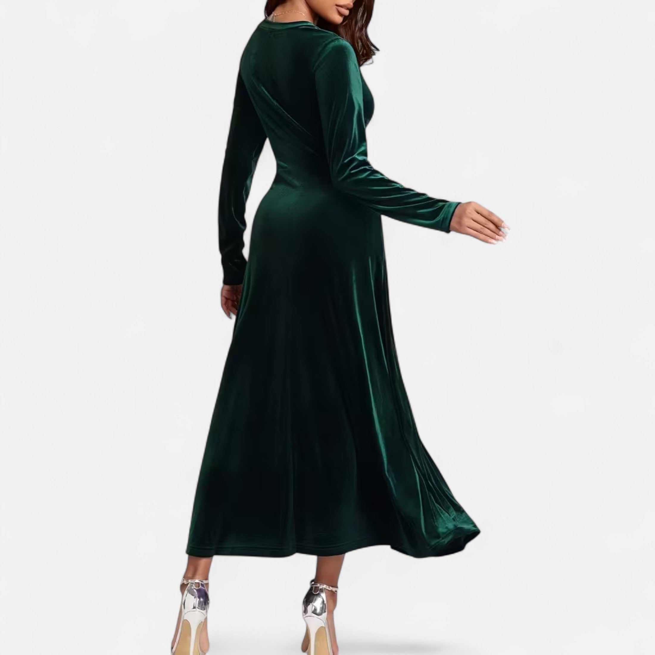 Duvrier | Women’s Velvet V-Neck Flared Maxi  Dress