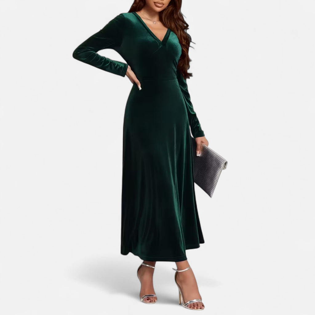 Duvrier | Women’s Velvet V-Neck Flared Maxi  Dress