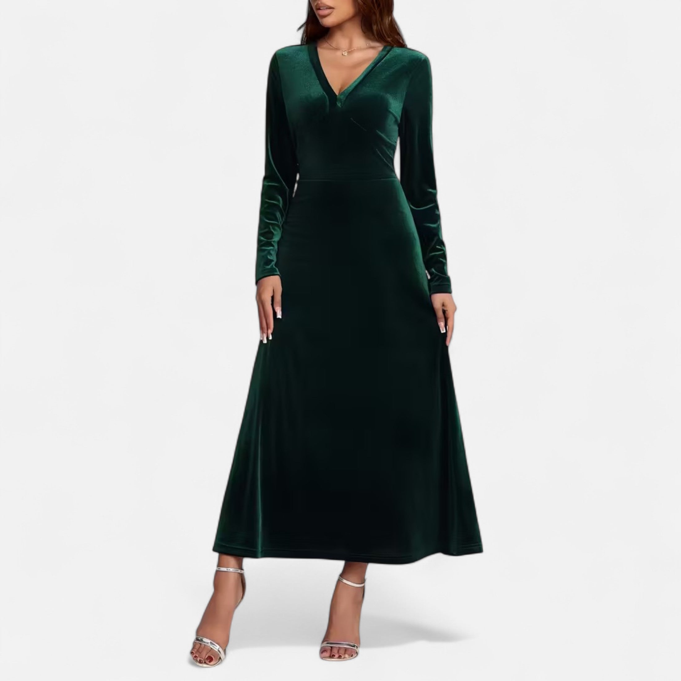 Duvrier | Women’s Velvet V-Neck Flared Maxi  Dress