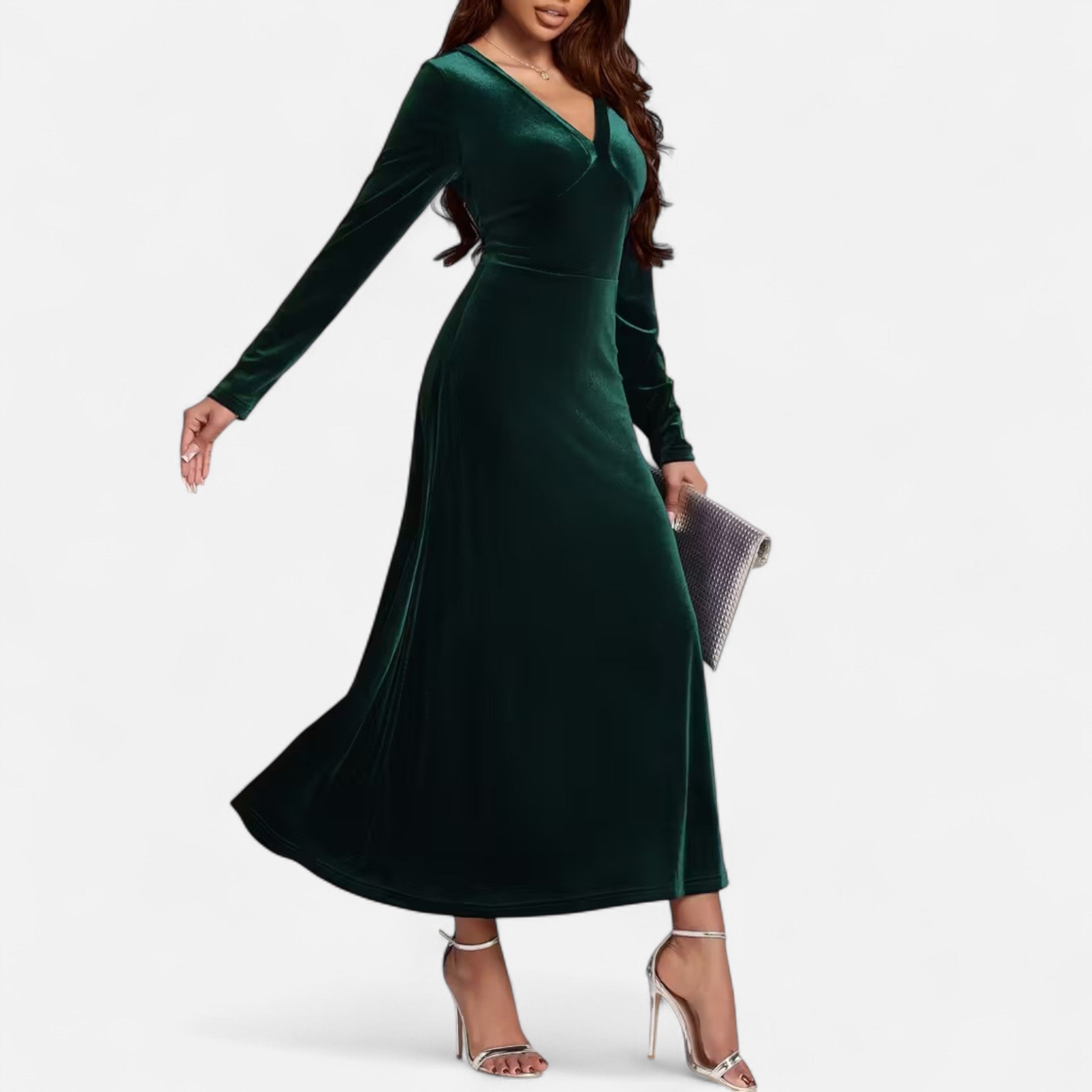 Duvrier | Women’s Velvet V-Neck Flared Maxi  Dress