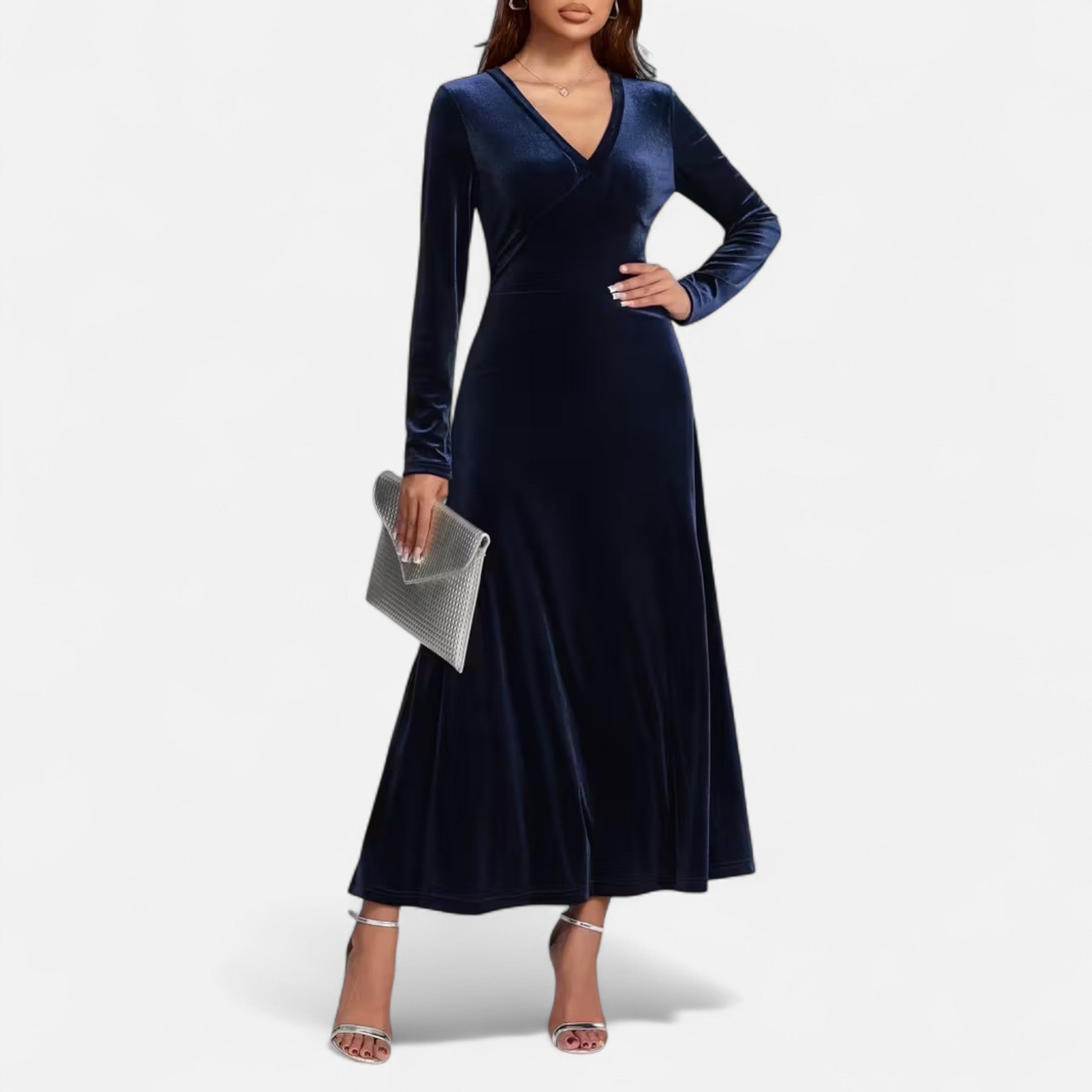 Duvrier | Women’s Velvet V-Neck Flared Maxi  Dress