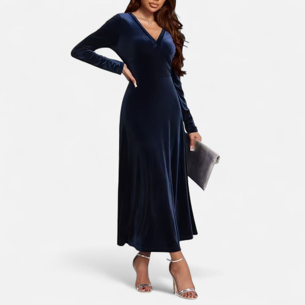 Duvrier | Women’s Velvet V-Neck Flared Maxi  Dress