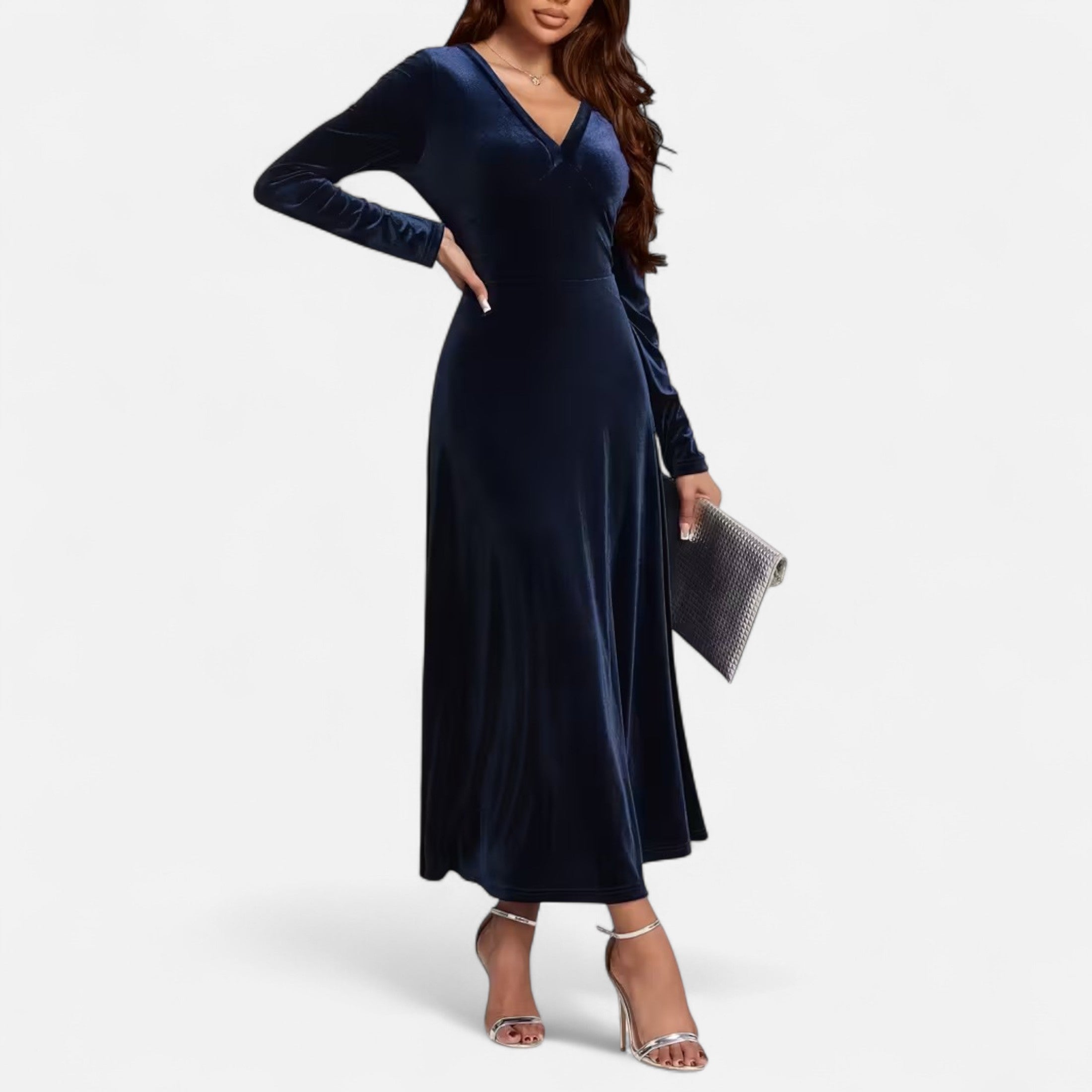 Duvrier | Women’s Velvet V-Neck Flared Maxi  Dress