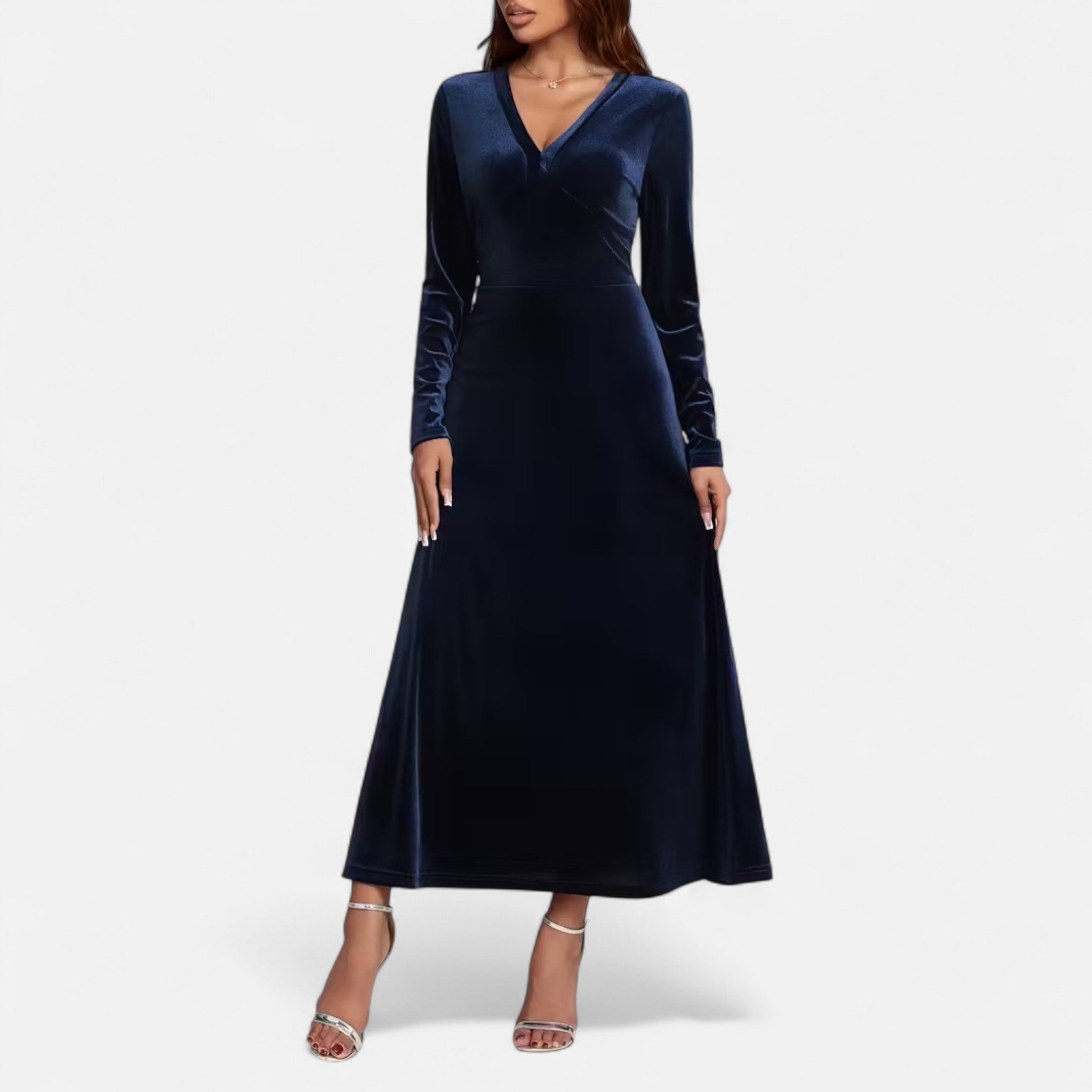 Duvrier | Women’s Velvet V-Neck Flared Maxi  Dress