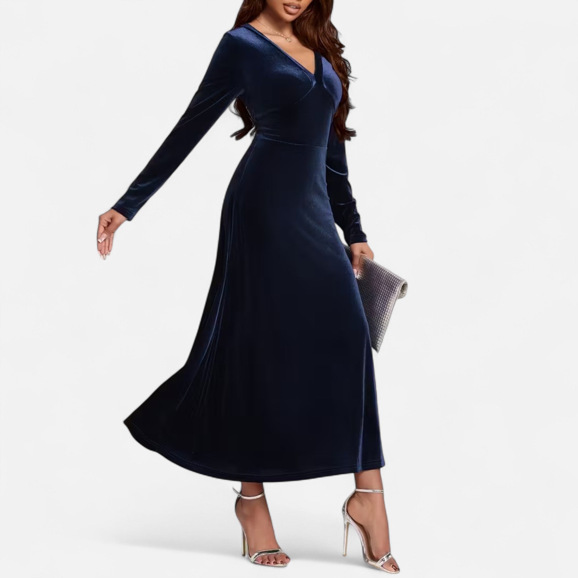 Duvrier | Women’s Velvet V-Neck Flared Maxi  Dress
