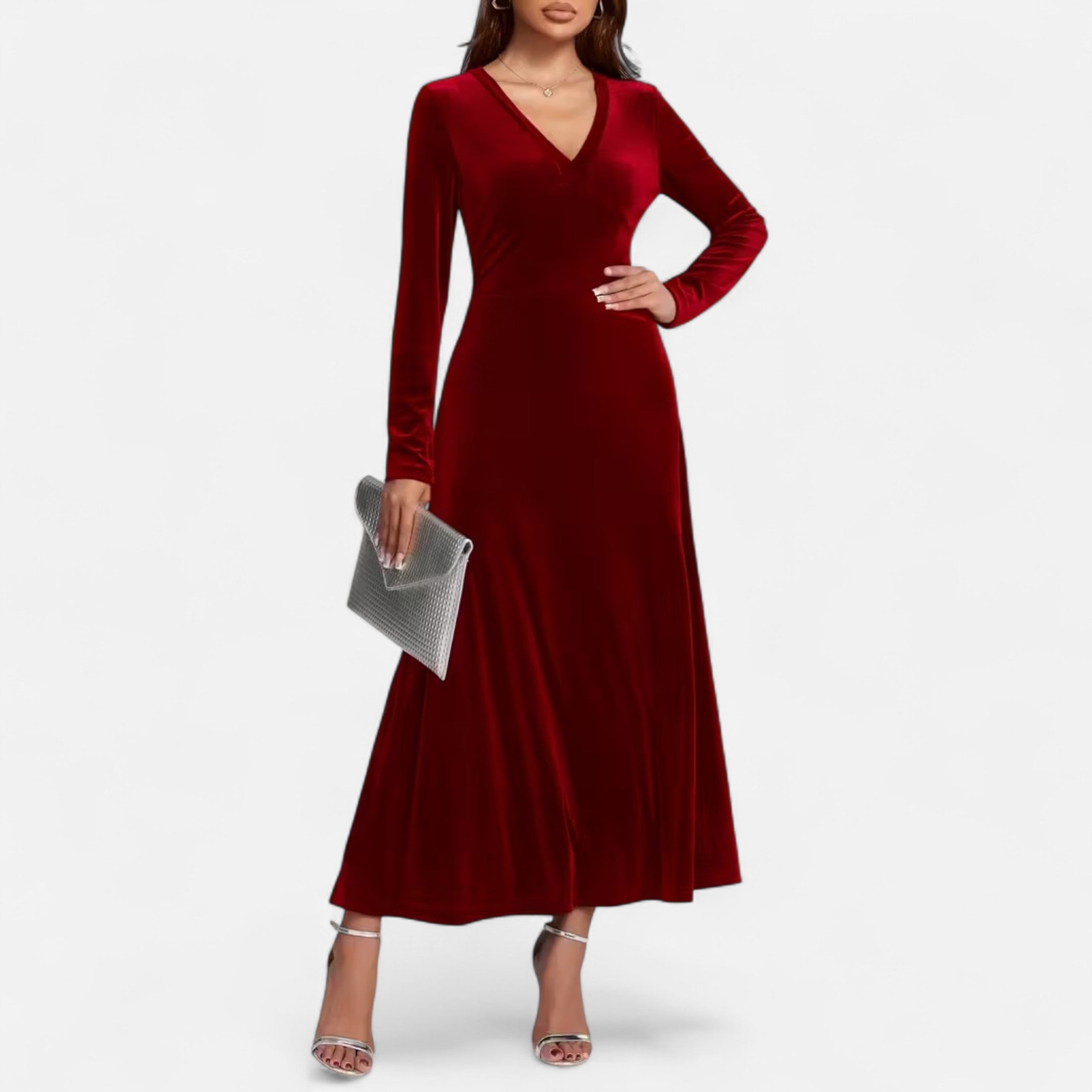 Duvrier | Women’s Velvet V-Neck Flared Maxi  Dress