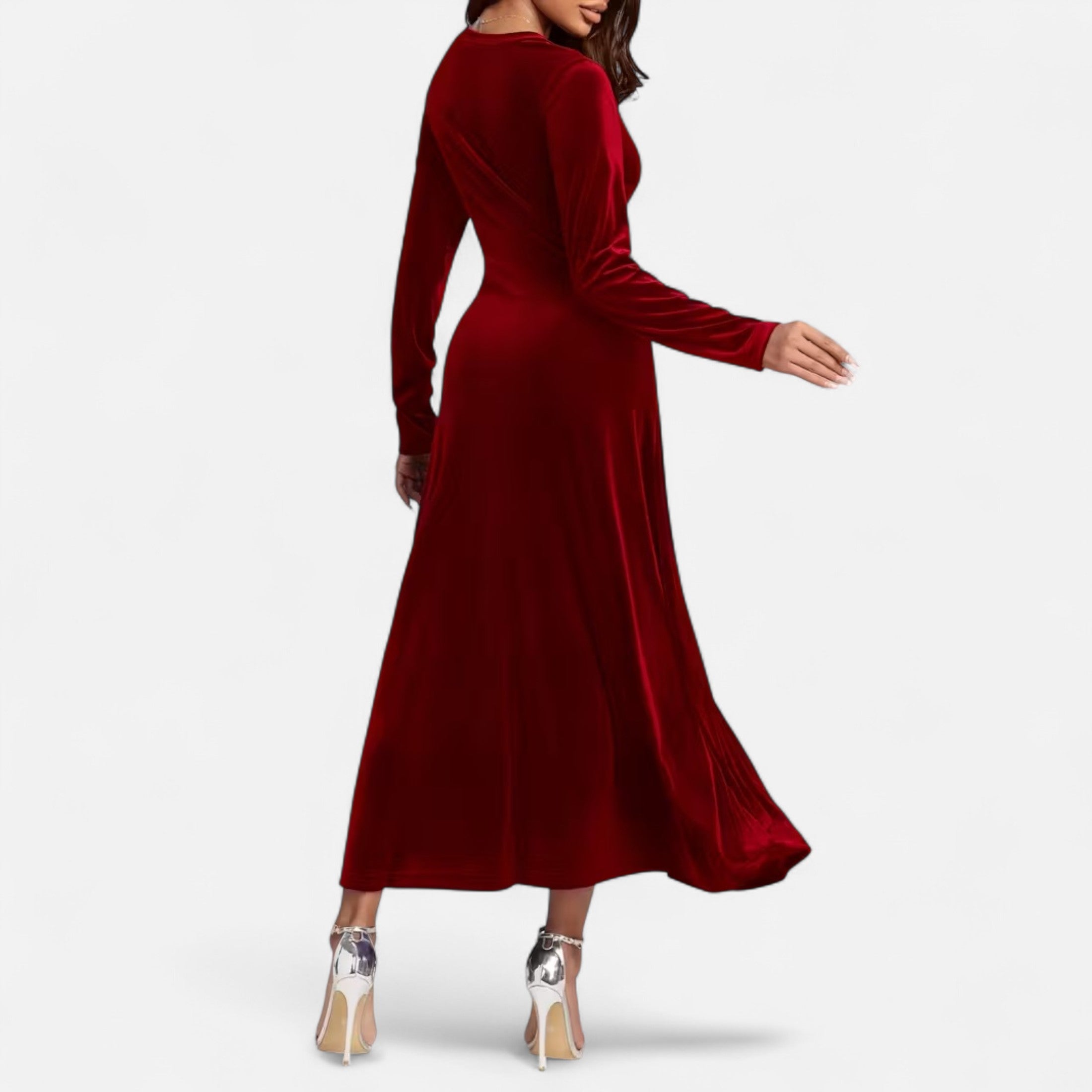 Duvrier | Women’s Velvet V-Neck Flared Maxi  Dress