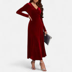 Duvrier | Women’s Velvet V-Neck Flared Maxi  Dress