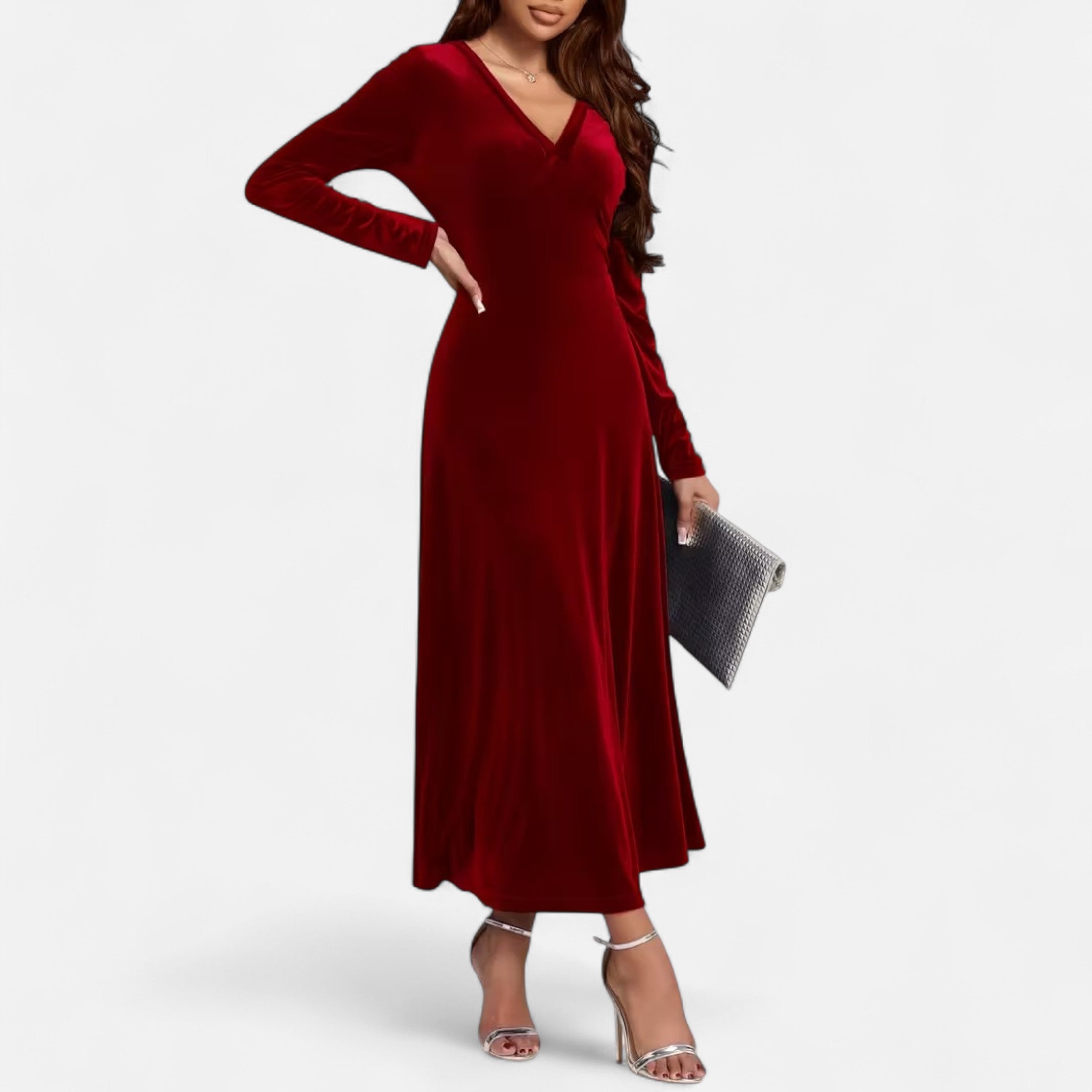 Duvrier | Women’s Velvet V-Neck Flared Maxi  Dress