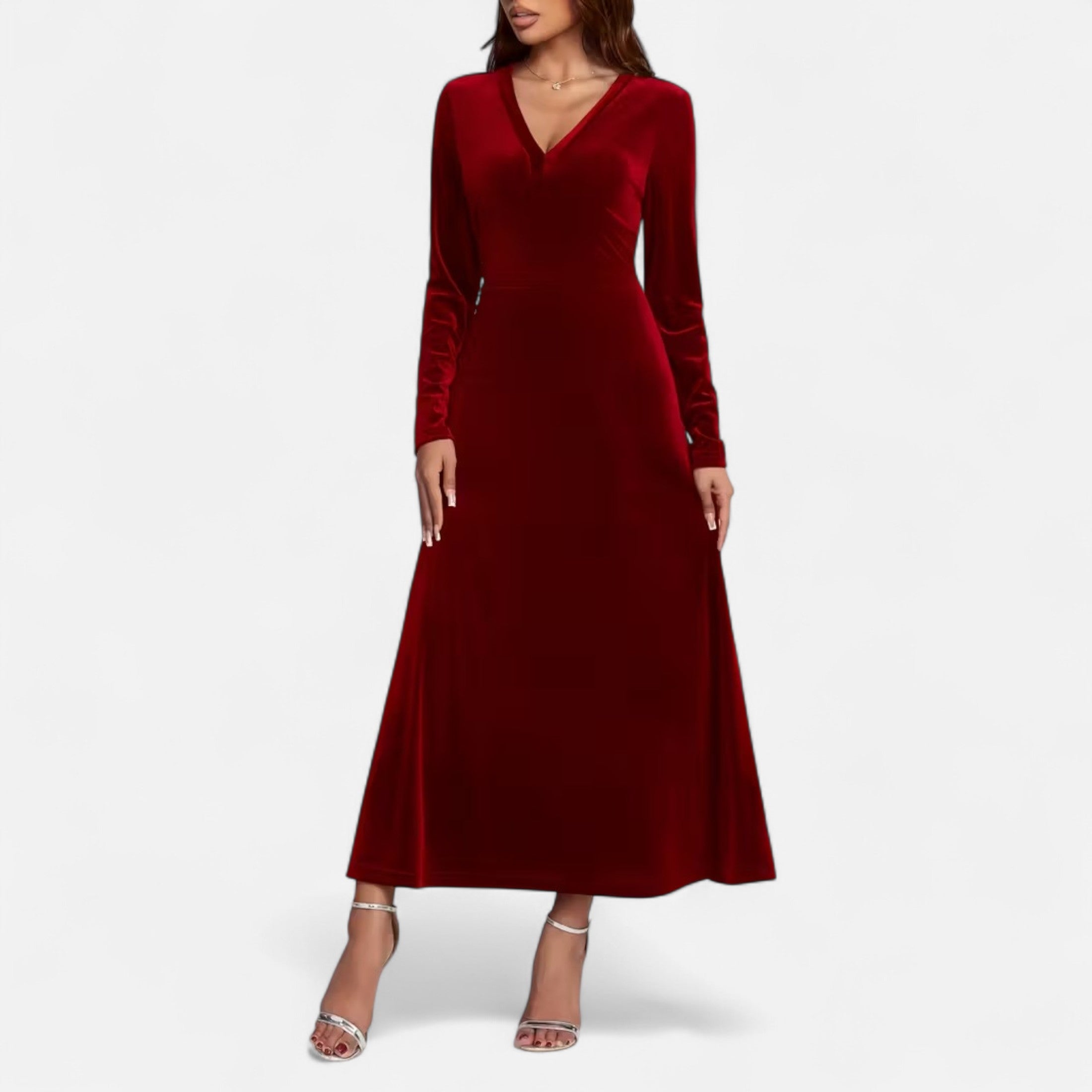 Duvrier | Women’s Velvet V-Neck Flared Maxi  Dress
