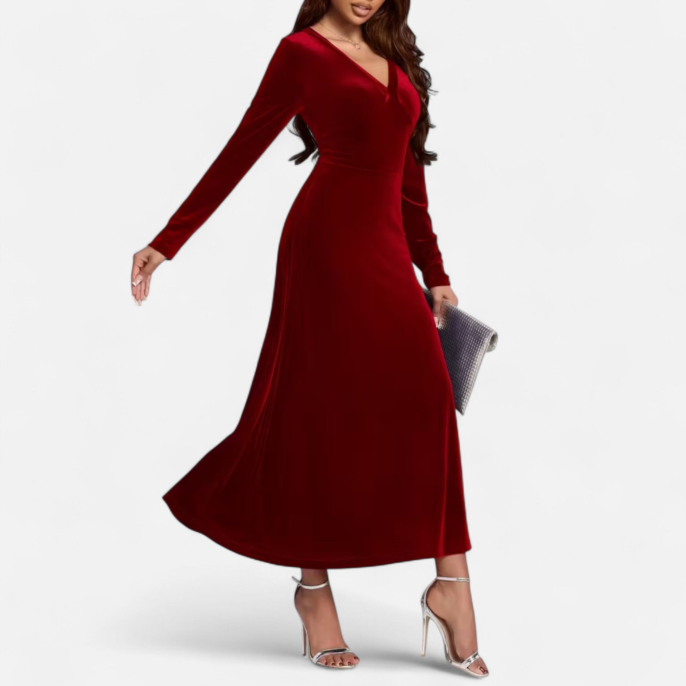 Duvrier | Women’s Velvet V-Neck Flared Maxi  Dress