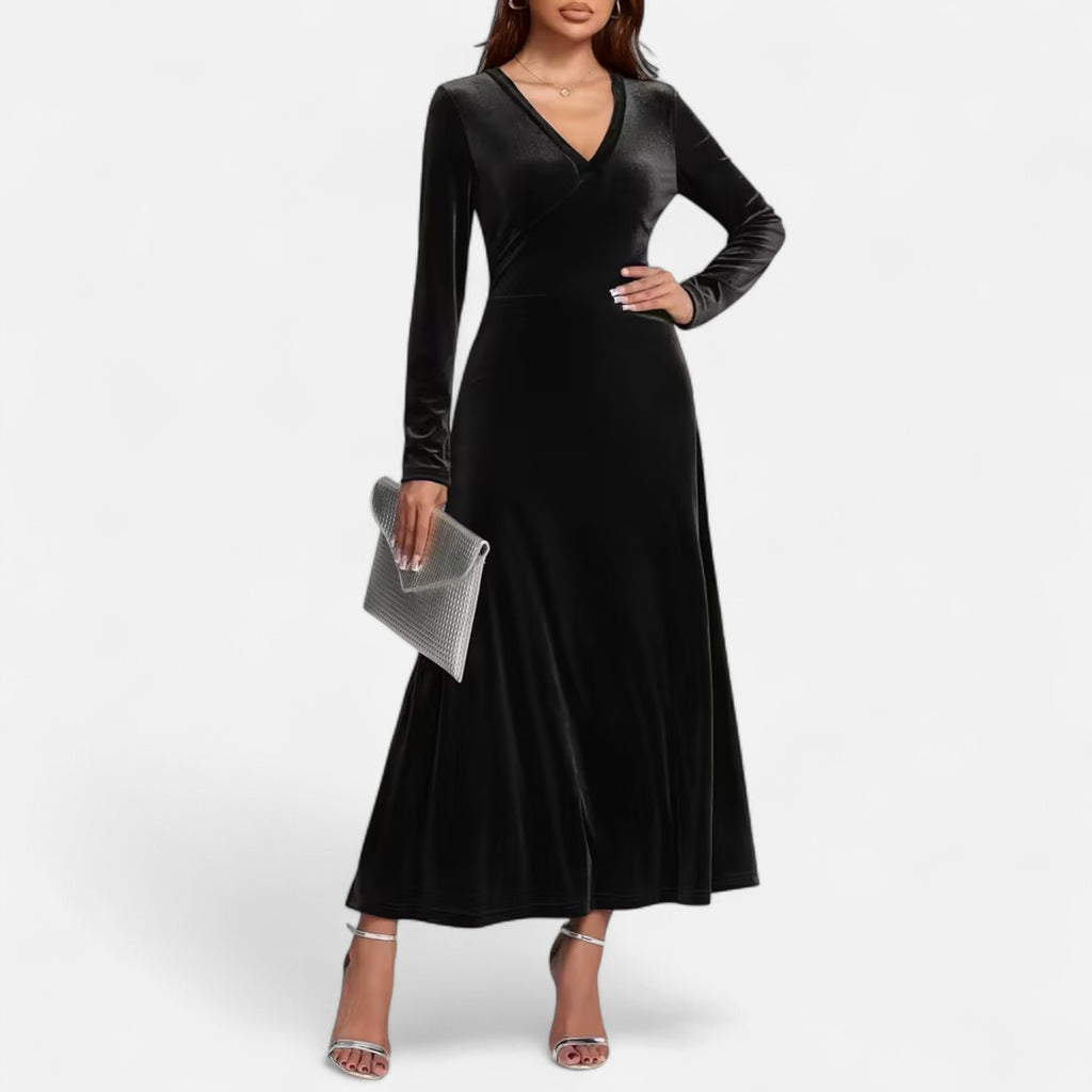 Duvrier | Women’s Velvet V-Neck Flared Maxi  Dress