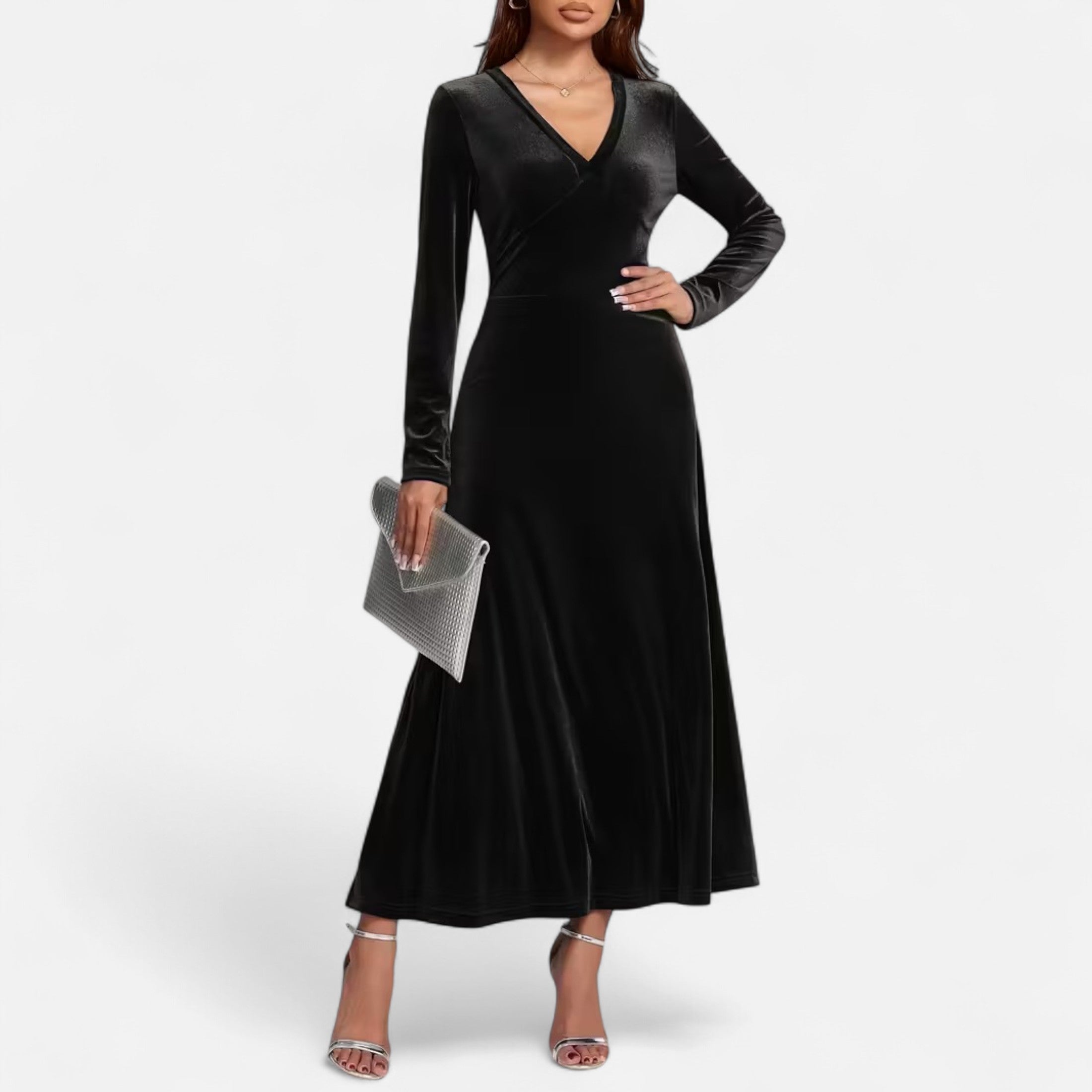 Duvrier | Women’s Velvet V-Neck Flared Maxi  Dress