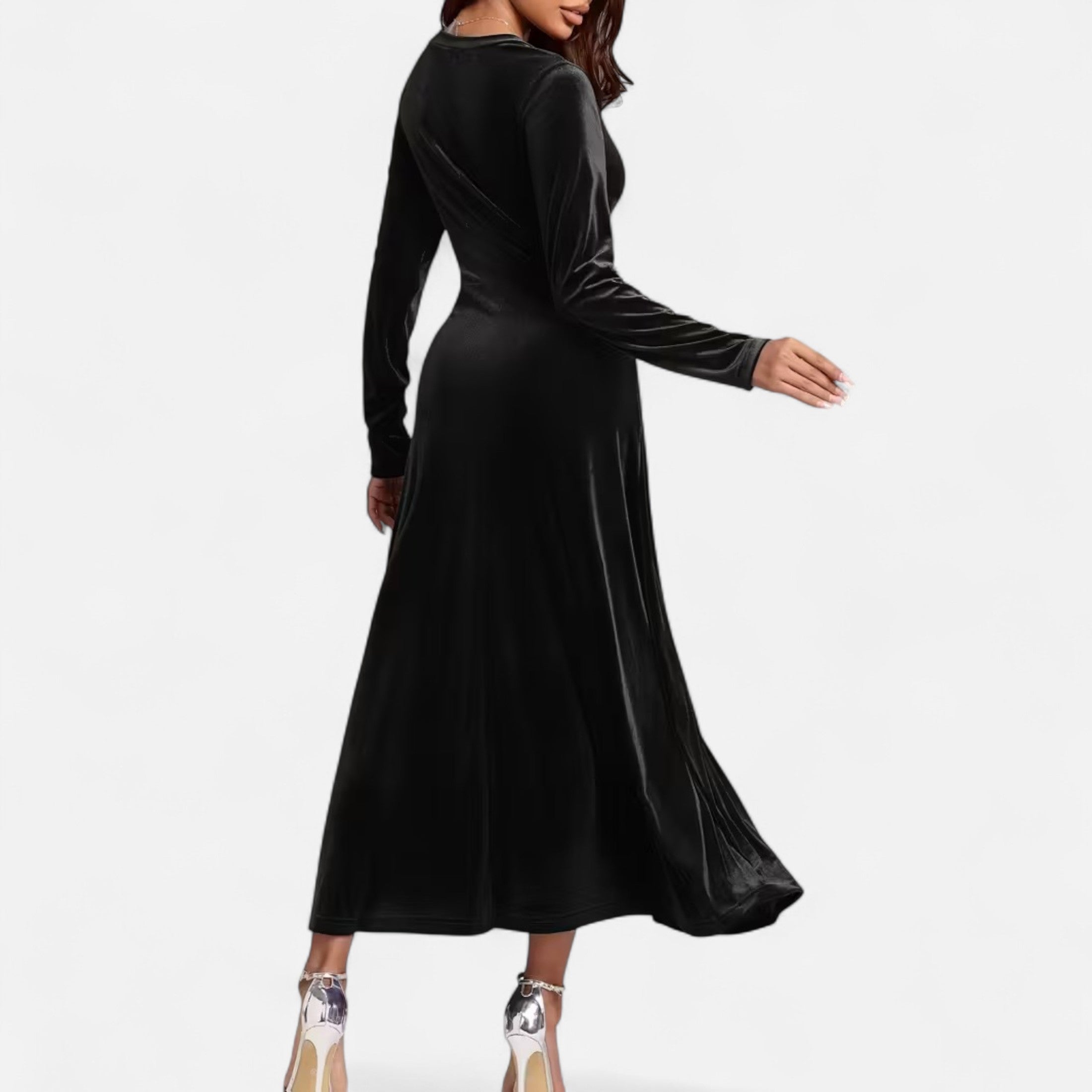 Duvrier | Women’s Velvet V-Neck Flared Maxi  Dress