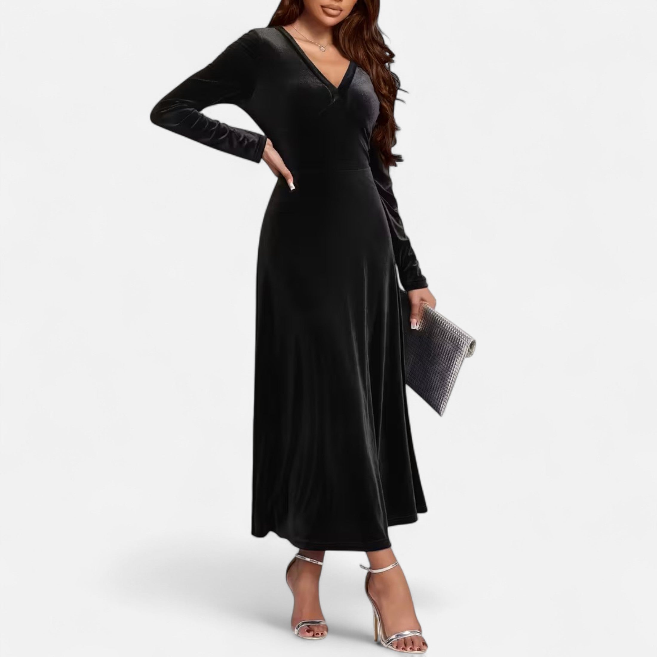 Duvrier | Women’s Velvet V-Neck Flared Maxi  Dress