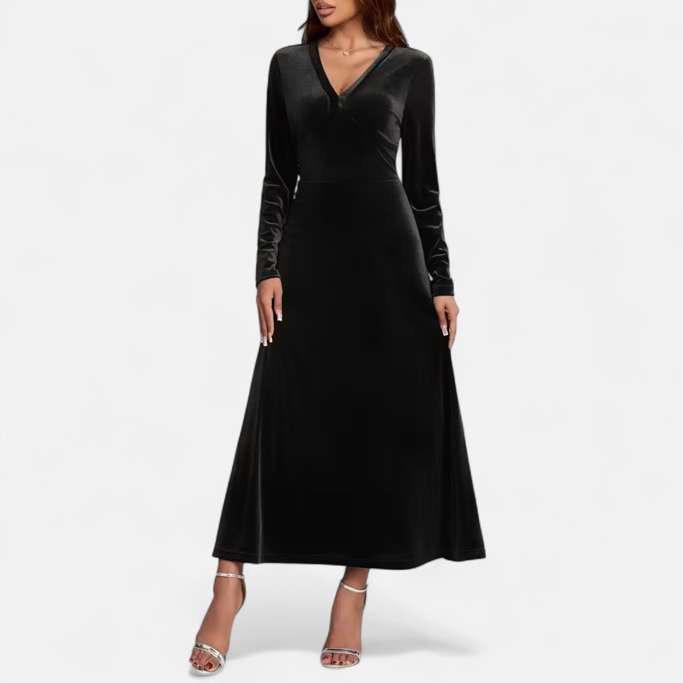 Duvrier | Women’s Velvet V-Neck Flared Maxi  Dress