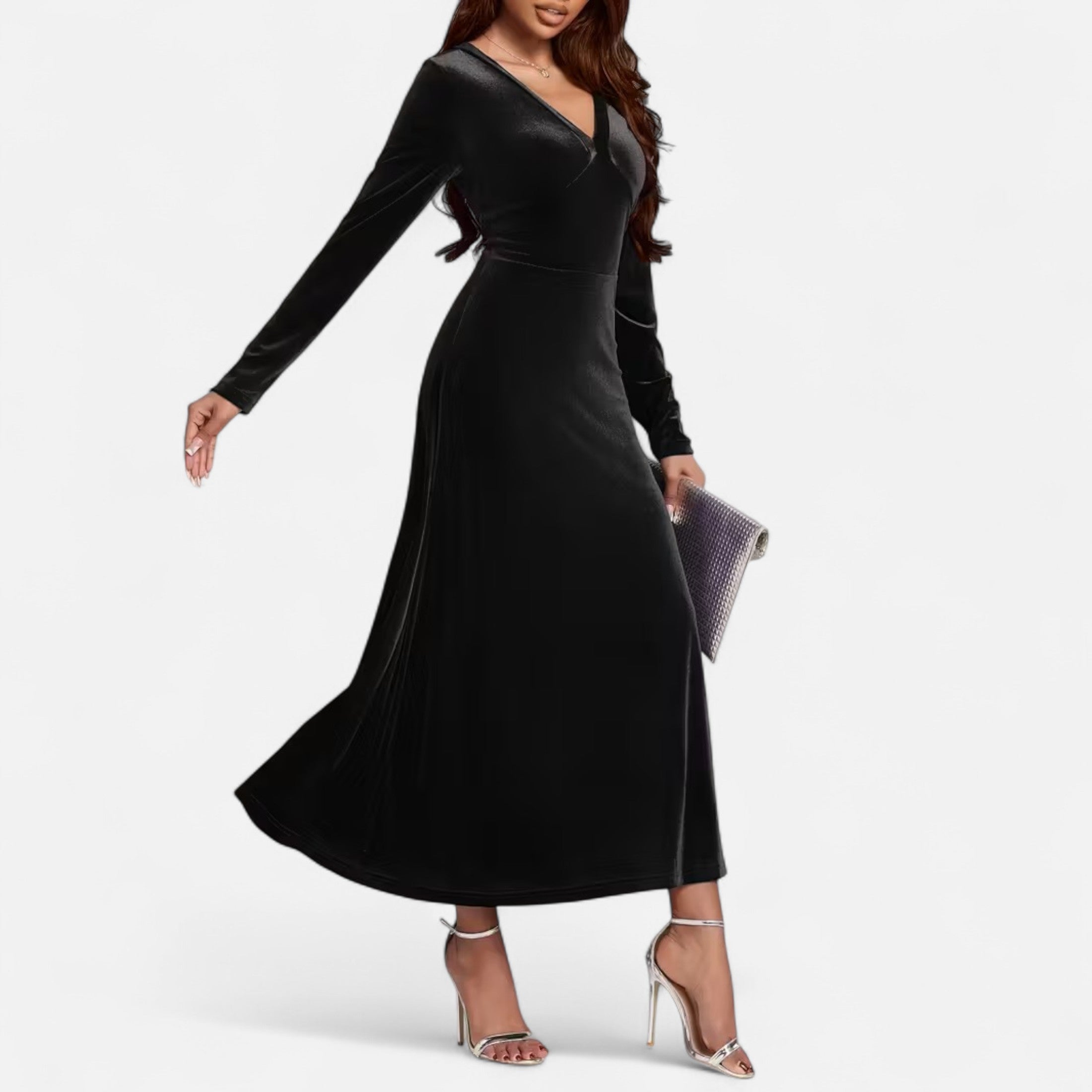 Duvrier | Women’s Velvet V-Neck Flared Maxi  Dress