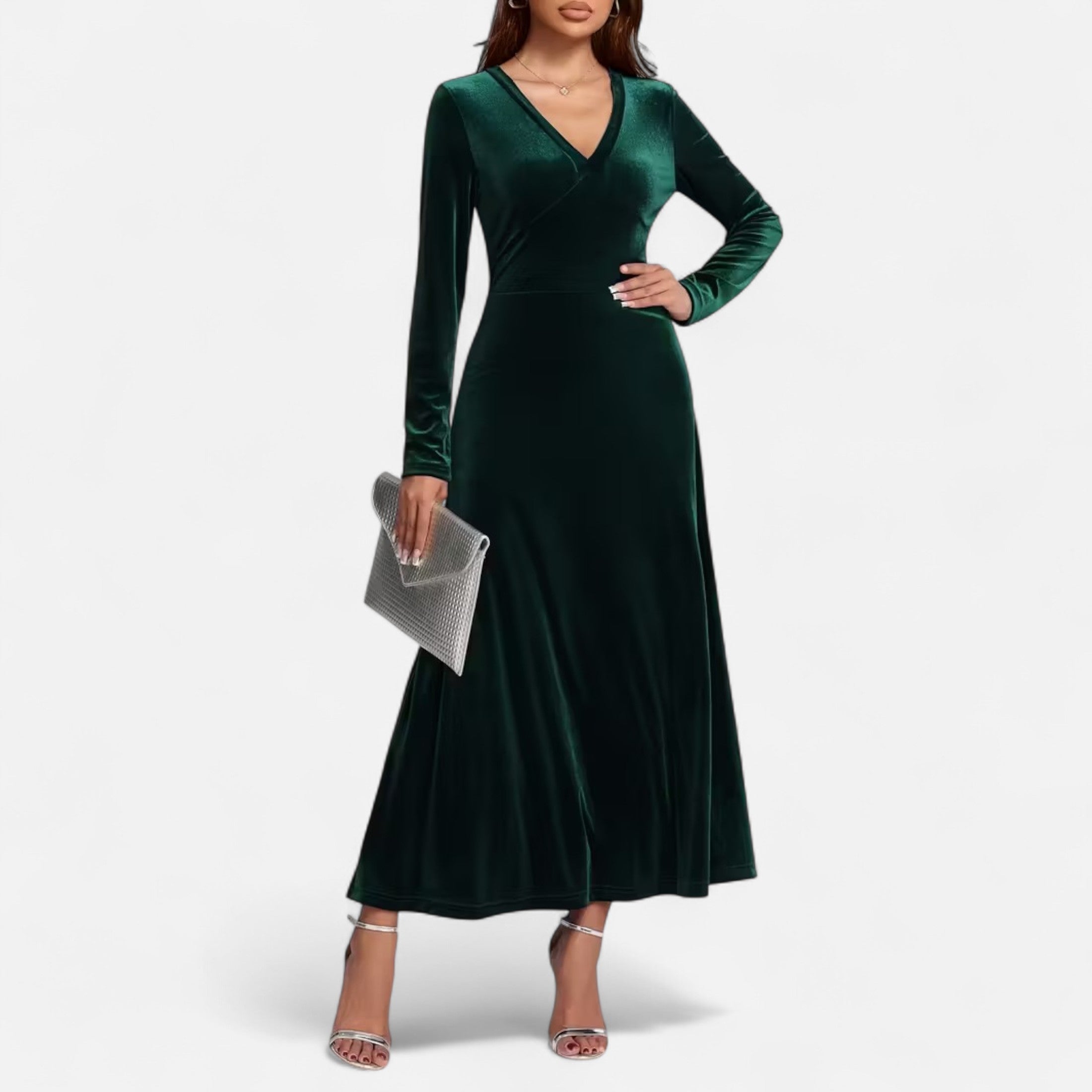 Duvrier | Women’s Velvet V-Neck Flared Maxi  Dress