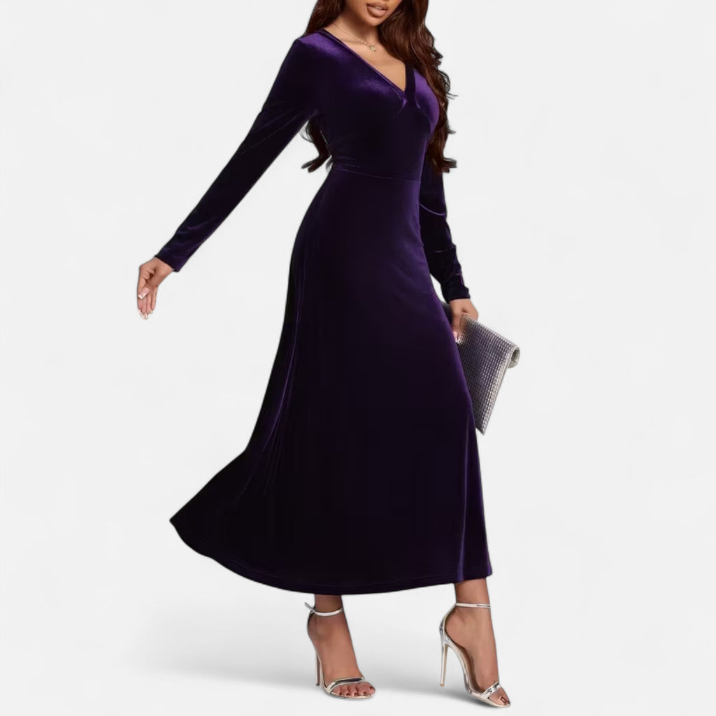Duvrier | Women’s Velvet V-Neck Flared Maxi  Dress