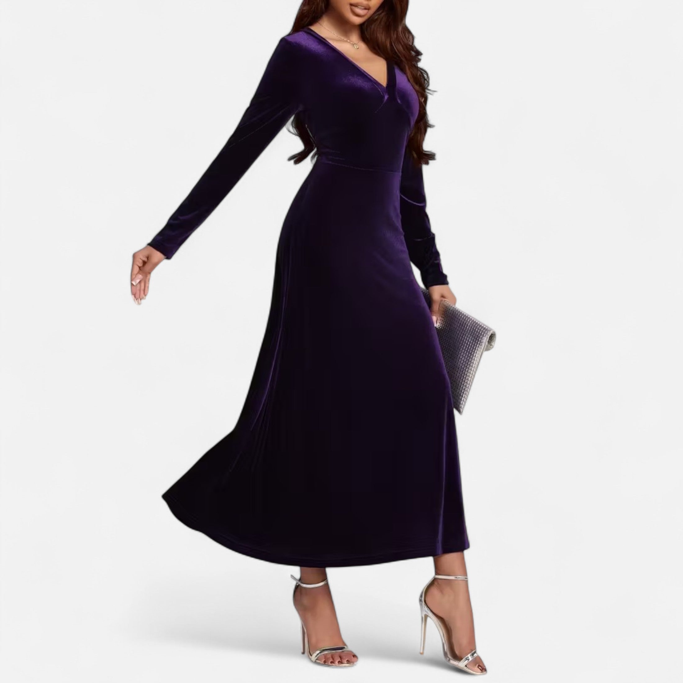 Duvrier | Women’s Velvet V-Neck Flared Maxi  Dress