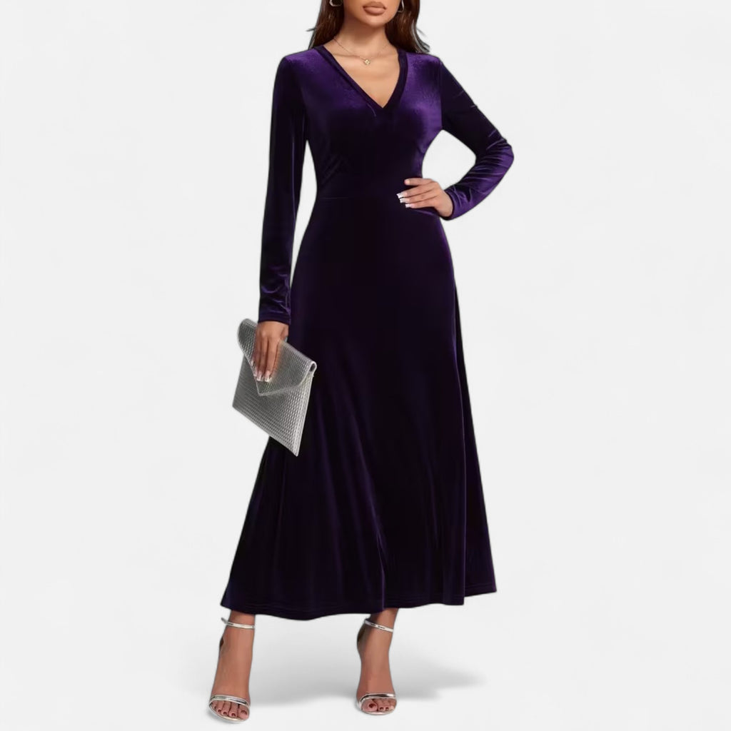 Duvrier | Women’s Velvet V-Neck Flared Maxi  Dress
