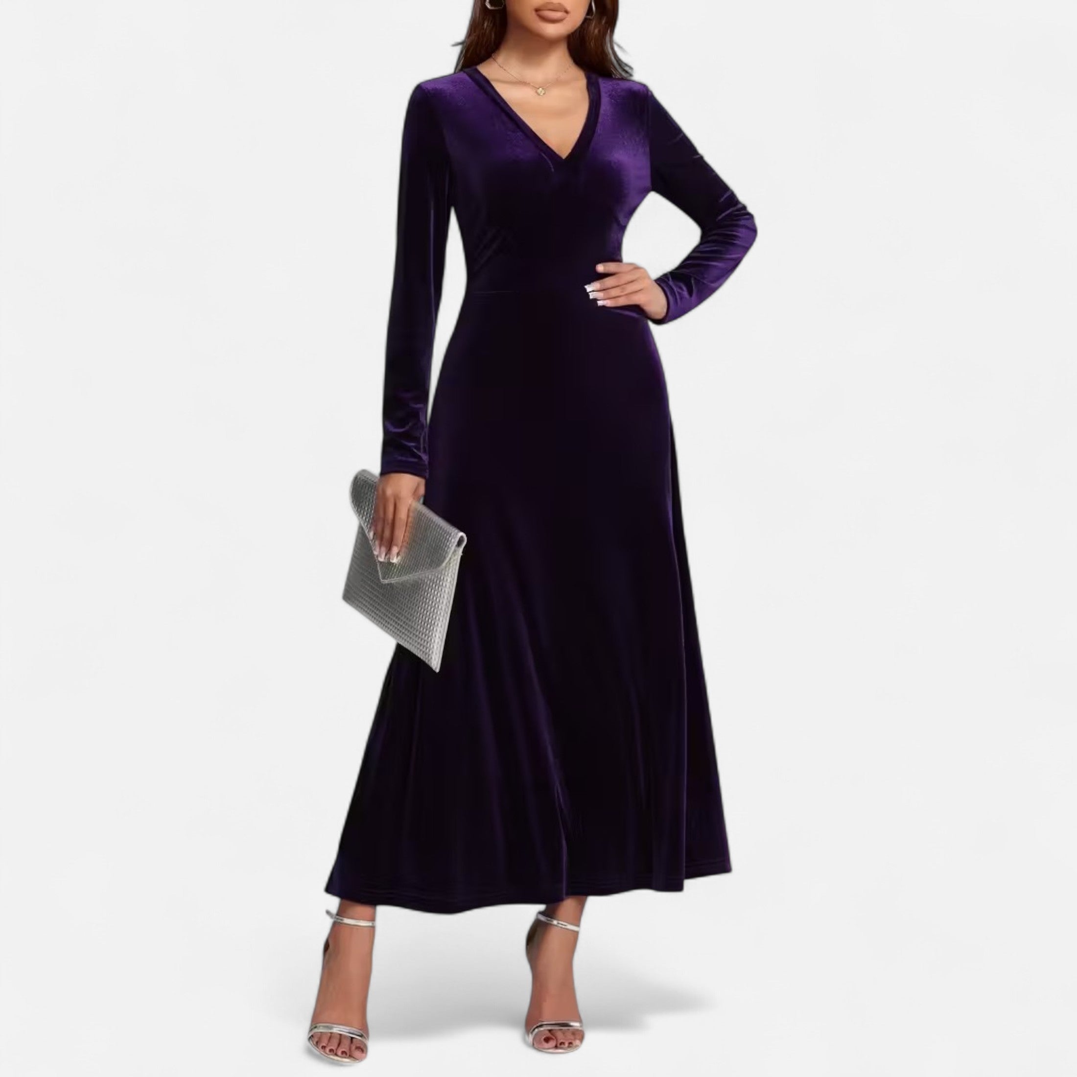 Duvrier | Women’s Velvet V-Neck Flared Maxi  Dress